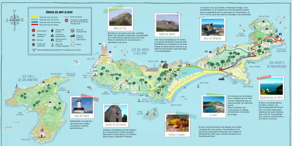 Tourist map of Cíes Islands showing trails, beaches, lighthouses and key attractions with Spanish text and photographs